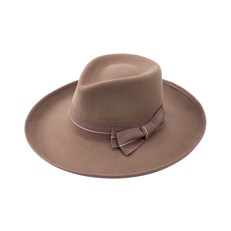 Women Luxury 100% Woo Felt Hats Flat Wide Brim Dark Brown Rolled Fedora Hat 