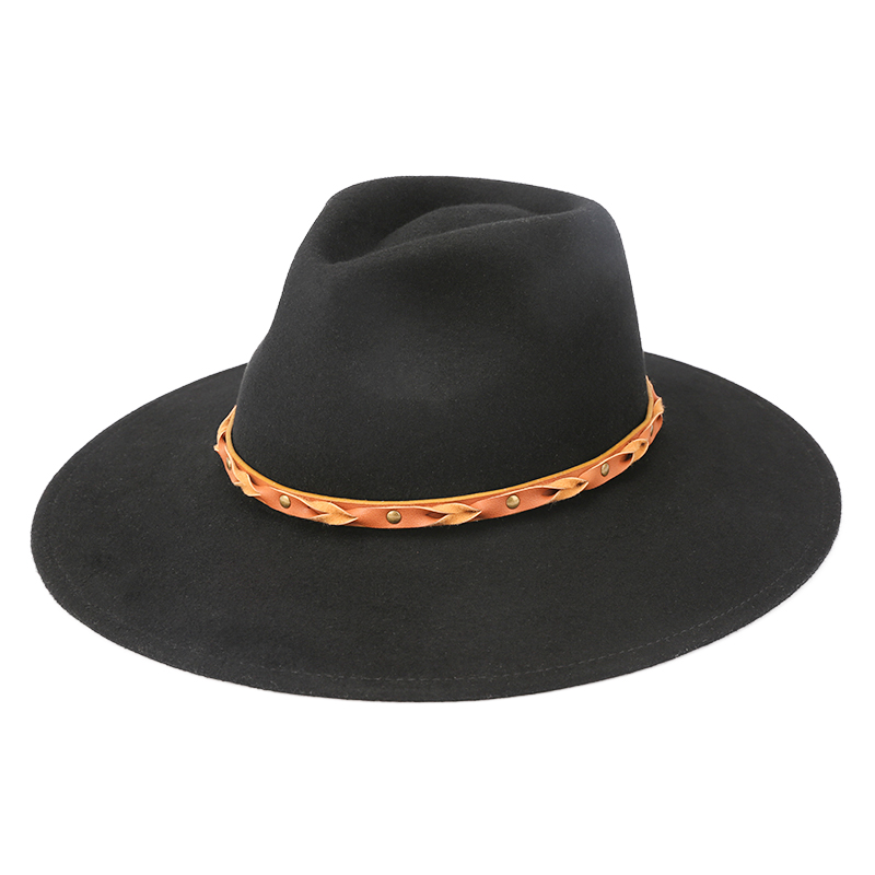 New wholesale fashionable black unisex custom logo leather wide brim fedora hats