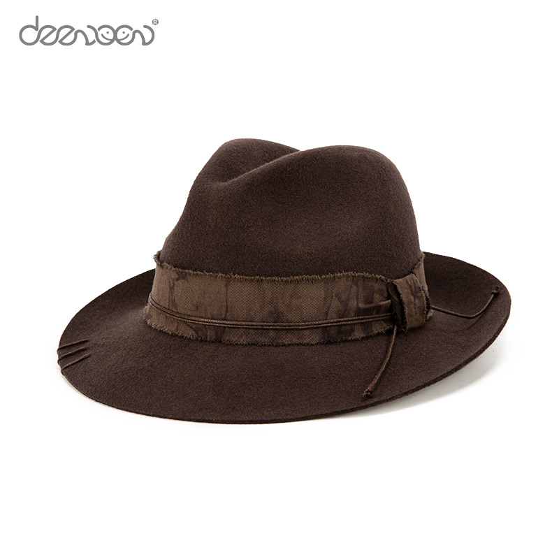 Linglong Winter Dark Brown Vintage 100% Australian Wool Wide Flat Brim Custom Fedora Hat Bands For Jazz Hats For Men Fedoras
